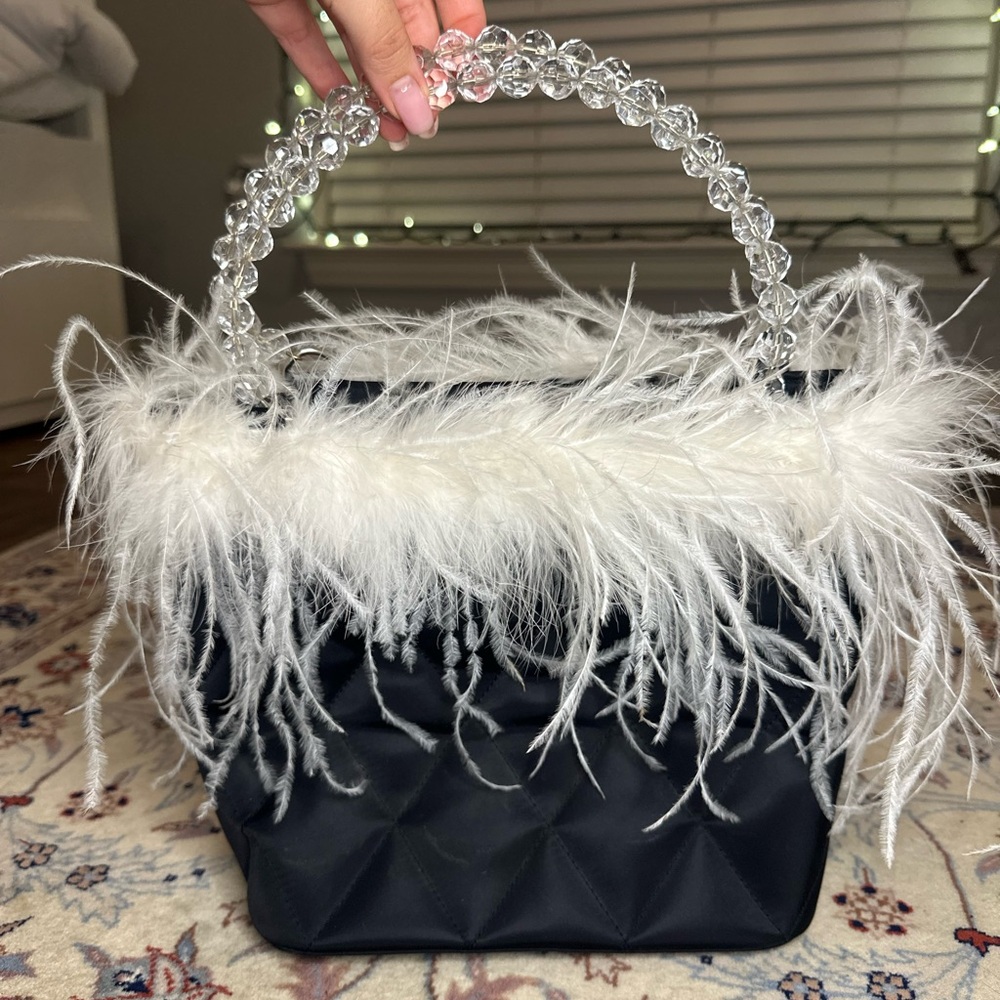 Elegant Black Feathered Handbag with Crystal Handle